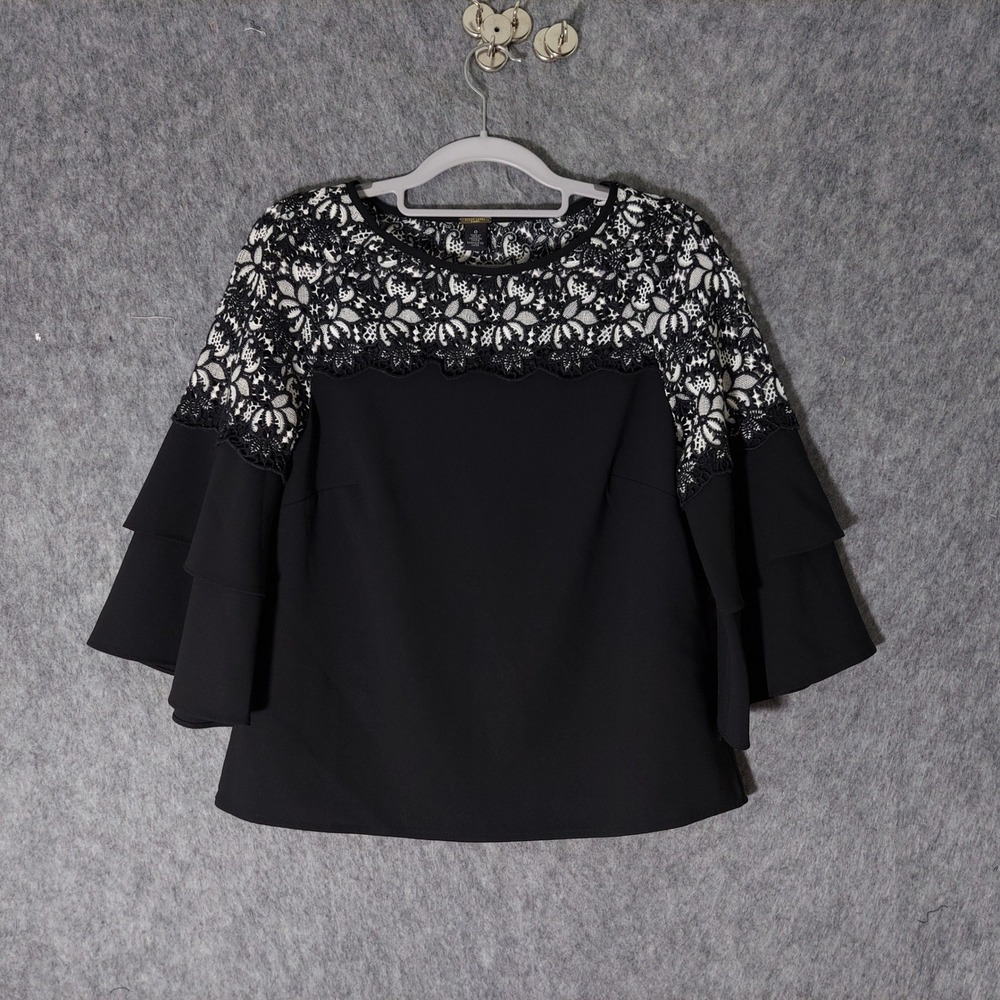 Black Label by Chicos Women Top Size 0 S Black Embroidered Tiered Bell Sleeve